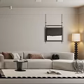 Modern Minimalist Living Dining Room With Wooden Cabinets Sofa Pendant Light And Rug