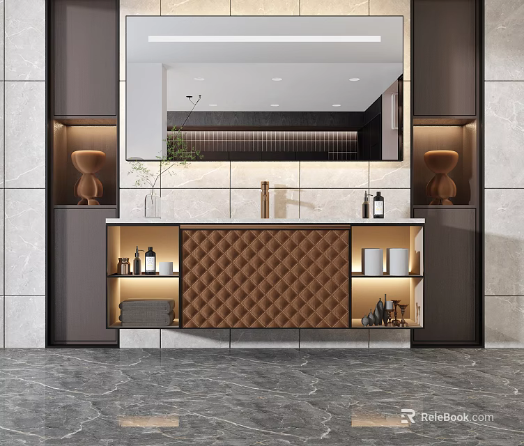 Elegant Bathroom Vanity With Marble Top Large Mirror Quilted Cabinet And Decorative Bottles 3d model 