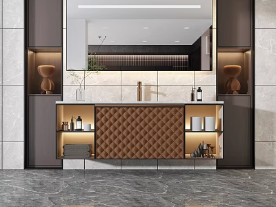 Elegant Bathroom Vanity With Marble Top Large Mirror Quilted Cabinet And Decorative Bottles 3d model