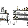 Wheeled Metal Trolleys With Wine Bottles Glassware And Decorative Items