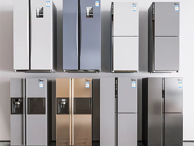 Different Modern Refrigerator Models on Display with Various Colors and Styles 3d model
