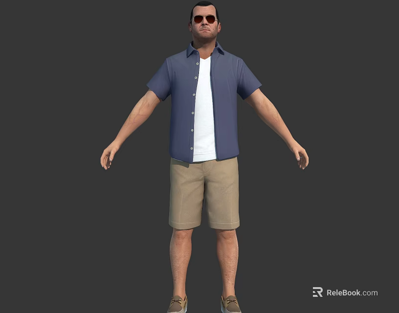 Man With Blue Short Sleeve Shirt White T Shirt Khaki Shorts Sunglasses And Arms Outstretched 3d model 