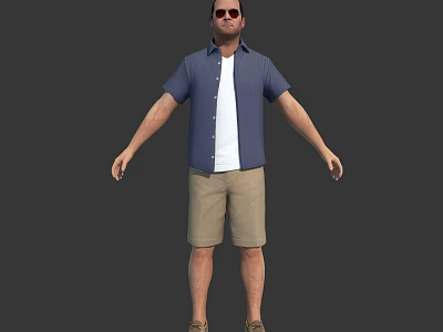 Man With Blue Short Sleeve Shirt White T Shirt Khaki Shorts Sunglasses And Arms Outstretched 3d model