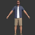 Man With Blue Short Sleeve Shirt White T Shirt Khaki Shorts Sunglasses And Arms Outstretched