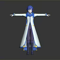 Blue Haired Game Movie Character 3D Model With Blue White Coat Purple Pants Arms Outstretched