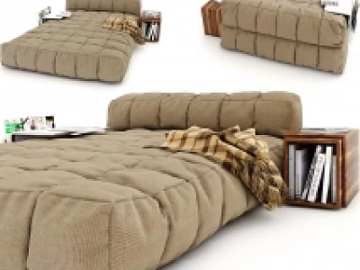 Brown Cushioned Double Bed With Quilted Surface Plaid Blanket And Side Table With Books Magazines 3d model