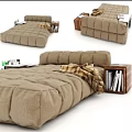 Brown Cushioned Double Bed With Quilted Surface Plaid Blanket And Side Table With Books Magazines