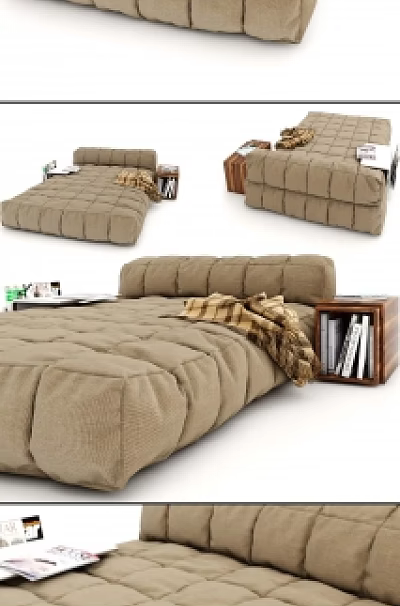 Brown Cushioned Double Bed With Quilted Surface Plaid Blanket And Side Table With Books Magazines 3d model