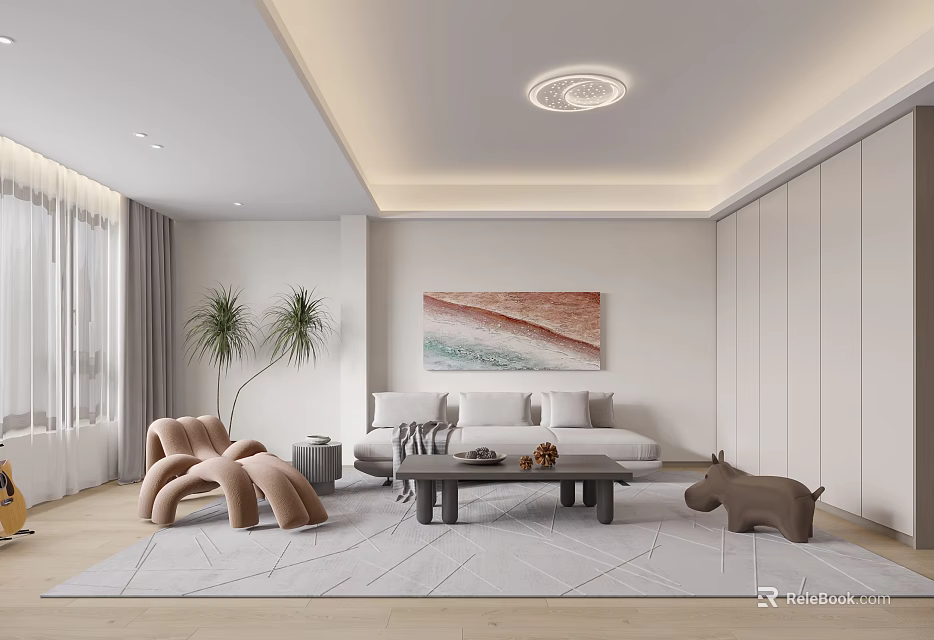 Modern Minimalist Recreation Room Interior With Sofa Art And Potted Plants 3d model 