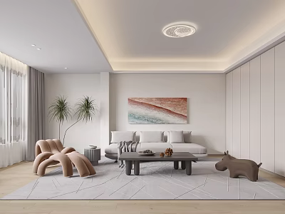 Modern Minimalist Recreation Room Interior With Sofa Art And Potted Plants 3d model