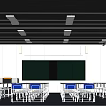 School Classroom Interior With Green Blackboards Blue Desks Chairs Ceiling Lights And Windows