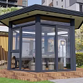 Modern Villa Balcony With Glass Enclosed Sunroom Design And Green Lawn Garden Pathway