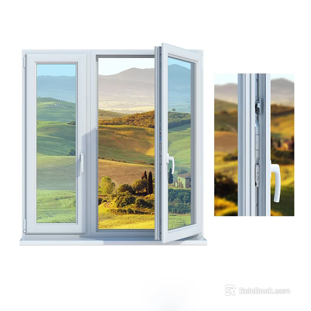 Modern White Casement Window Opening To Scenic Green Fields And Mountain Landscape 3d model 