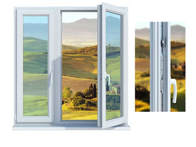 Modern White Casement Window Opening To Scenic Green Fields And Mountain Landscape 3d model