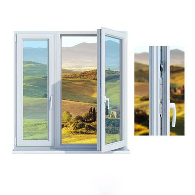 Modern White Casement Window Opening To Scenic Green Fields And Mountain Landscape 3d model