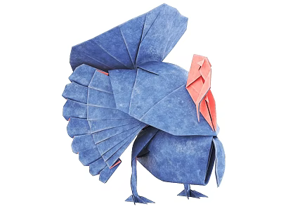 Handmade Blue Origami Turkey Decorative Ornament Set With Red Accents 3d model