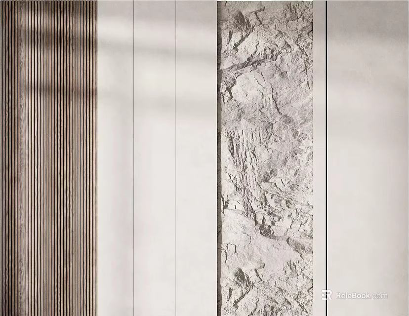 Modern Background Wall Design With Wooden Stripes White Panels And Textured Relief 3d model 