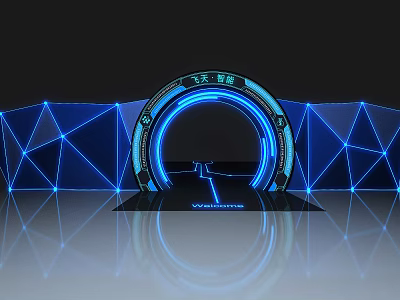 Archway Entrance With Blue Neon Lights Geometric Blue Lines And Reflective Floor WonderFuture Sign 3d model