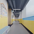Elevator Corridor With Yellow Walls Blue Railings Benches And Friendly Class Posters 3d model