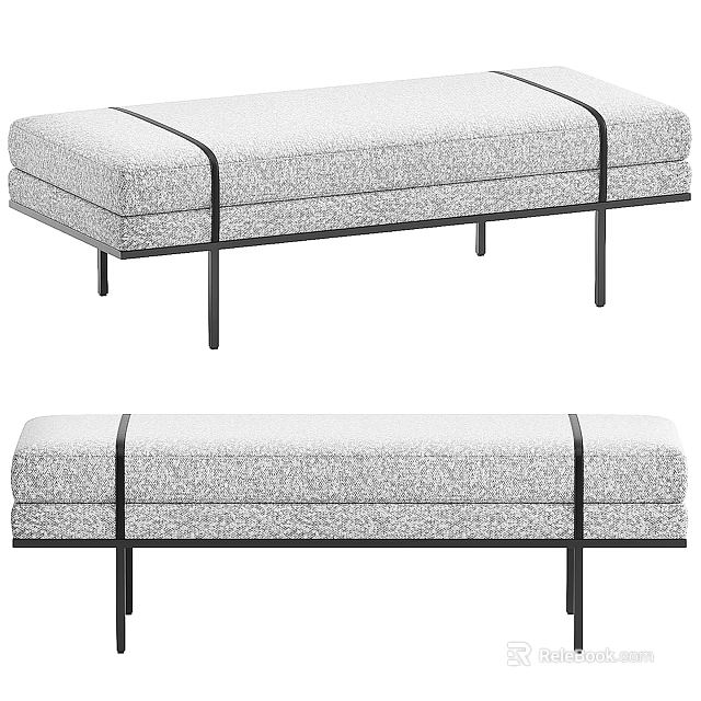 Minimalist Gray Fabric Sofa Bench With Padded Seat And Black Metal Legs 3d model 