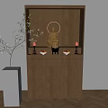 Modern Minimalist Wooden Buddhist Shrine Cabinet With Buddha Statue Decorative Items And Vase With Branches