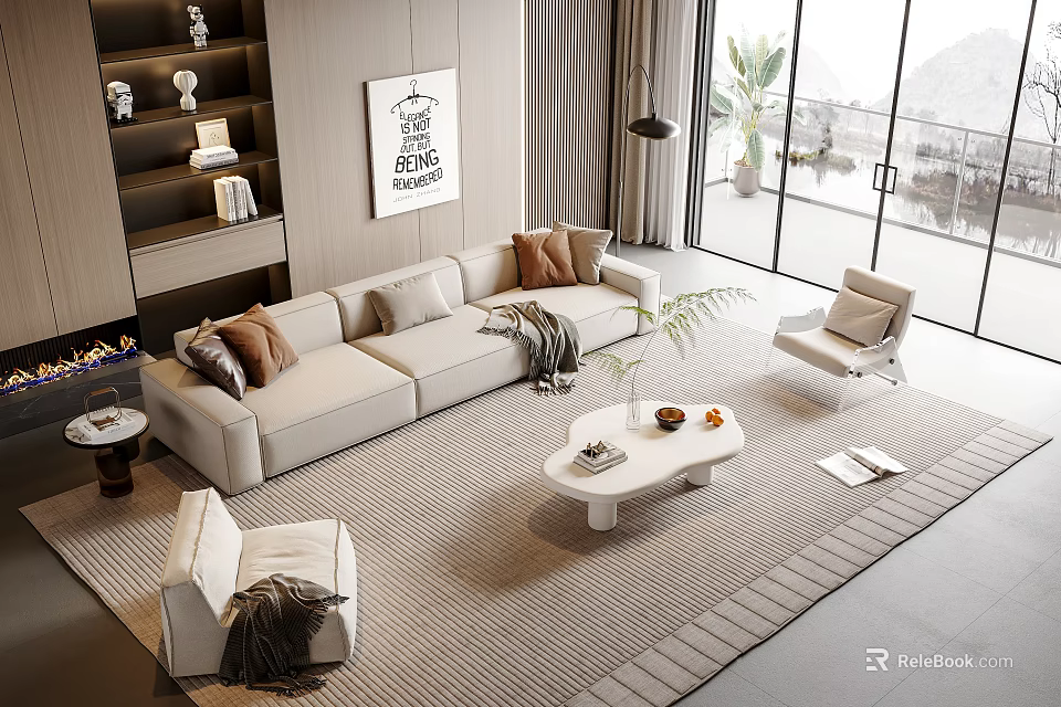 Modern Beige Sofa And Coffee Table Set With Armchair Area Rug And Natural Light 3d model 