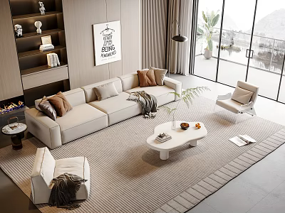 Modern Beige Sofa And Coffee Table Set With Armchair Area Rug And Natural Light 3d model