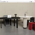 Modern Black Desk With Round Side Table Red Chair And Decorative Vase
