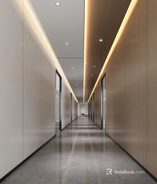 Modern Office Corridor Interior With Linear Lighting Polished Flooring And Wooden Panel Walls 3d model 