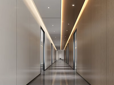 Modern Office Corridor Interior With Linear Lighting Polished Flooring And Wooden Panel Walls 3d model