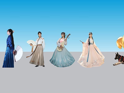 People in Traditional Ancient Clothing Holding Fans Playing Instruments with Long Dresses and Small Dog 3d model