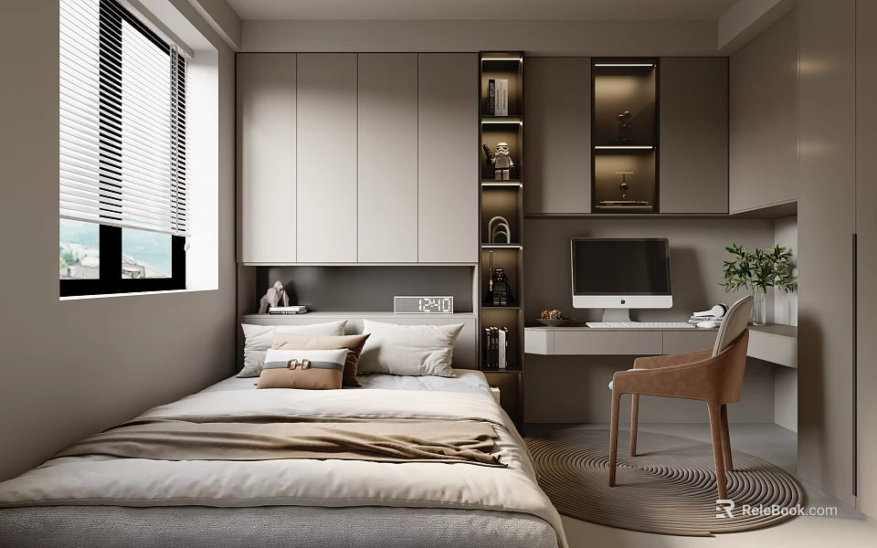 Tatami Bedroom Interior Design With Grey Cabinets Desk Computer Chair And Blinds 3d model 