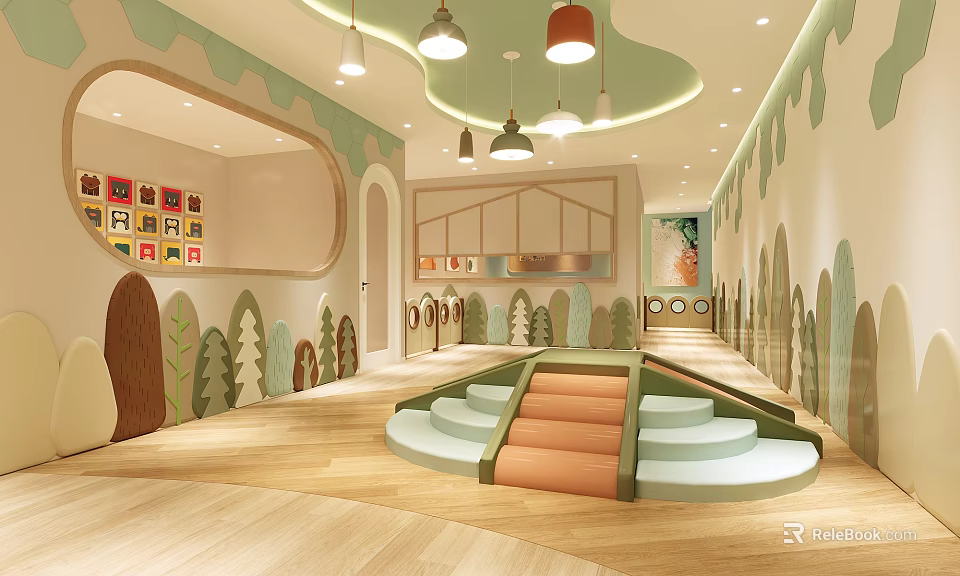 Bright Kindergarten Interior Design With Wooden Flooring Tree Decorations Pendant Lights And Activity Steps 3d model 