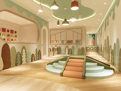 Bright Kindergarten Interior Design With Wooden Flooring Tree Decorations Pendant Lights And Activity Steps 3d model