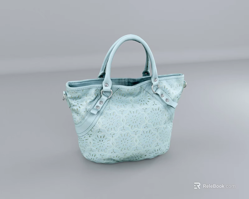 Light Blue Leather Handbag With Elegant Perforated Design And Top Handle 3d model 