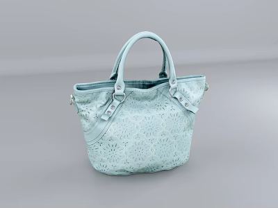 Light Blue Leather Handbag With Elegant Perforated Design And Top Handle 3d model