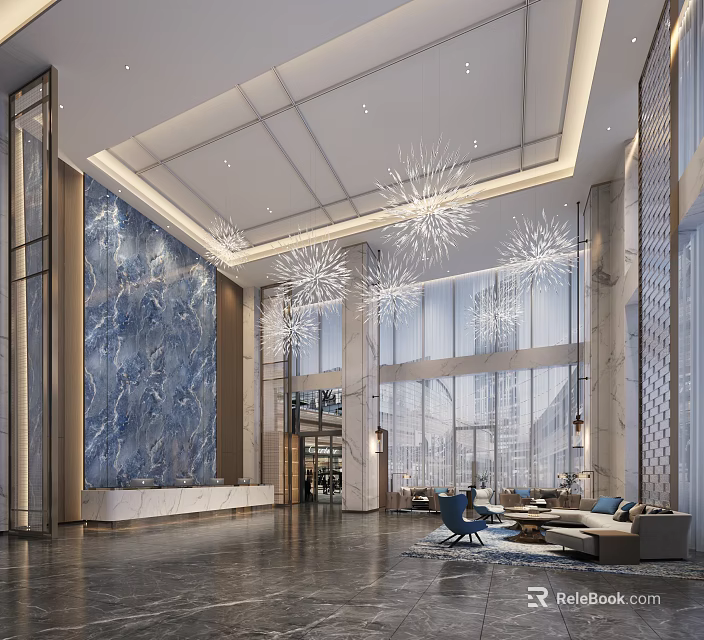 Elegant Modern Hotel Lobby Interior With Blue Marble Wall Snowflake Chandeliers Large Windows And Reception 3d model 