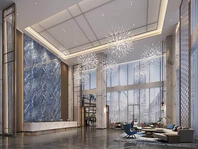 Elegant Modern Hotel Lobby Interior With Blue Marble Wall Snowflake Chandeliers Large Windows And Reception 3d model
