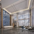 Elegant Modern Hotel Lobby Interior With Blue Marble Wall Snowflake Chandeliers Large Windows And Reception