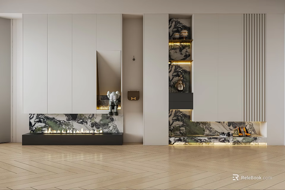 Modern Entryway Cabinet And Side Cabinet With White Panels Patterned Design And Built-in Lighting 3d model 