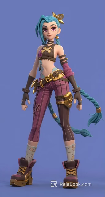 Stylish Female Character With Blue Braided Hair Purple Striped Pants And Gold Accessories 3d model 