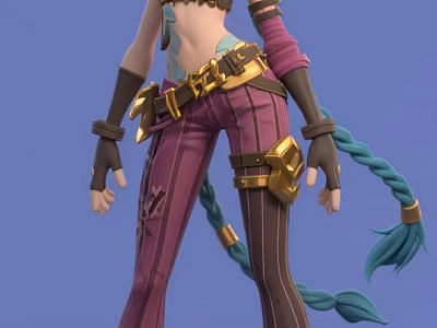 Stylish Female Character With Blue Braided Hair Purple Striped Pants And Gold Accessories 3d model