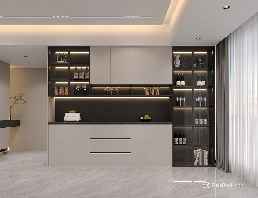 Modern Sleek Wine Cabinet Interior Design With Glass Doors Layered Shelves And LED Lighting 3d model 