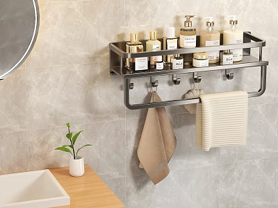 Bathroom Accessories Wall Mounted Shelf Holding Toiletries Towels and Hooks on Grey Wall 3d model