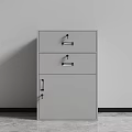 Gray File Cabinet With Two Drawers And Locked Door Against Gray Wall And Floor