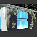 Modern Cultural Art Exhibition Hall With Geometric Lines Blue Lighting Large Screens And Waterfall Effects
