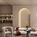 Modern Living Room Interior Design With Beige Sofa Arched Lighting Green Plants And Area Rug