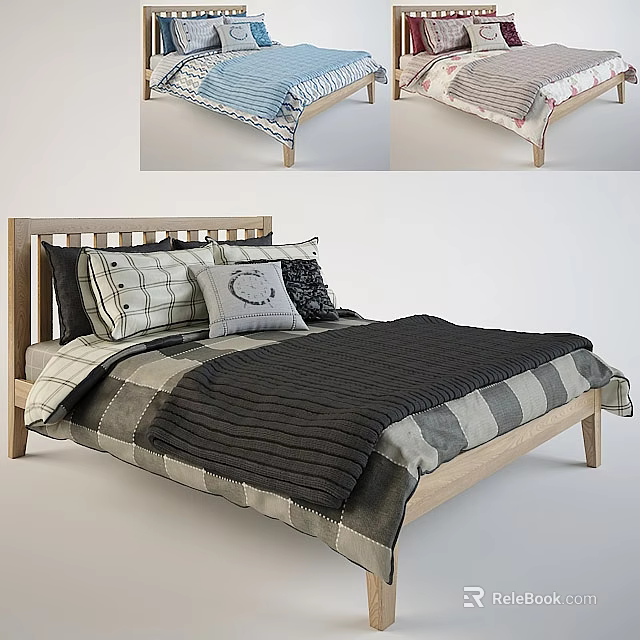 Modern Wooden Double Bed With Plaid Sheet Black Blanket And Pillows 3d model