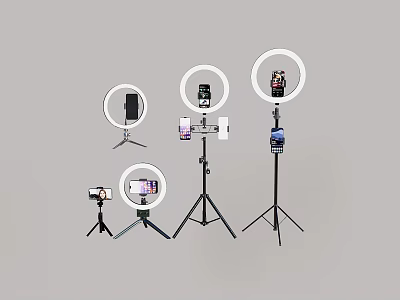 Various Ring Light Tripod Stands With Smartphones And Cameras For Content Creation 3d model