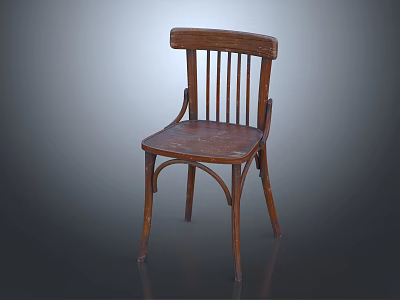 Vintage Wooden Leisure Chair With Slatted Back Curved Legs And Solid Wood Seat 3d model